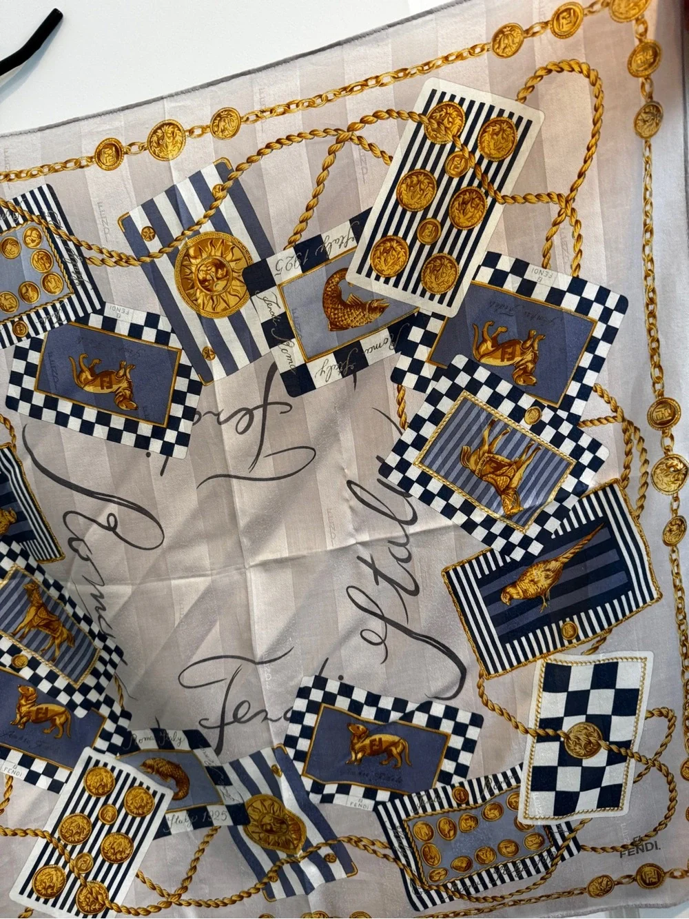 Fendi Beige, Navy & Gold Chain Motif Silk Scarf - Picture 5 of 10